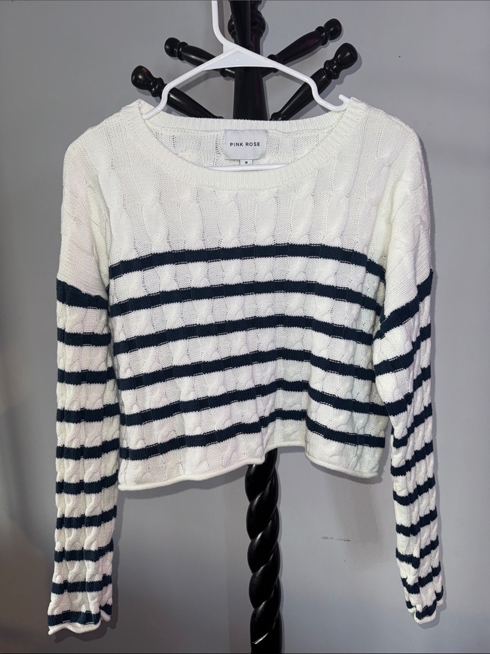 Pink Rose White and Navy Striped Cable-Knit Crew Sweater 12.T